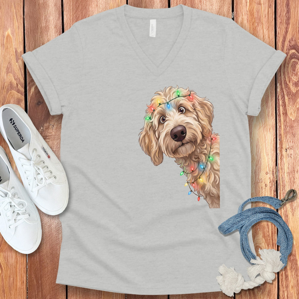 Peeking Apricot Goldendoodle Holiday V-Neck T-Shirt in Athletic Heather / S by Puppy Jo