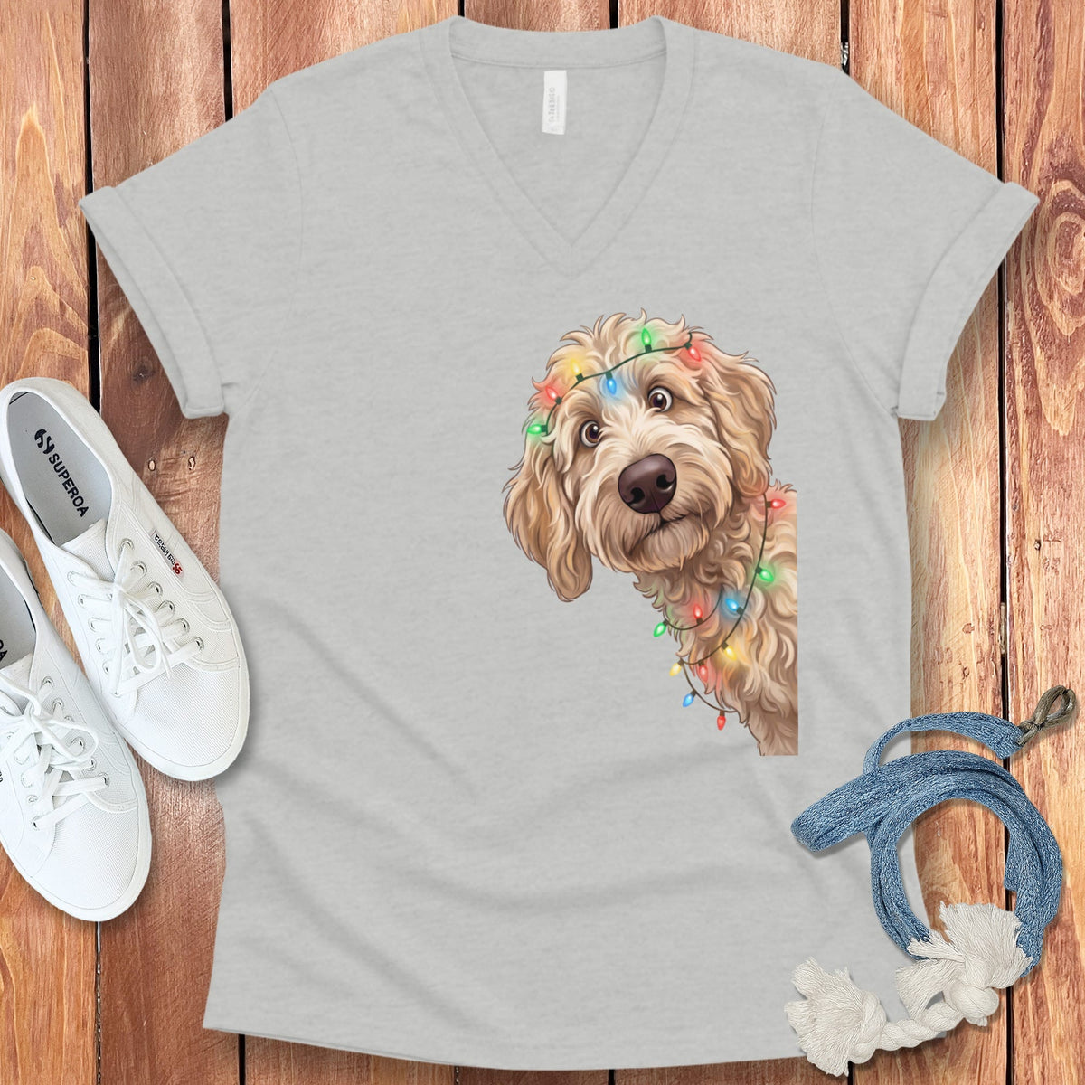 Peeking Apricot Goldendoodle Holiday V-Neck T-Shirt in Athletic Heather / S by Puppy Jo