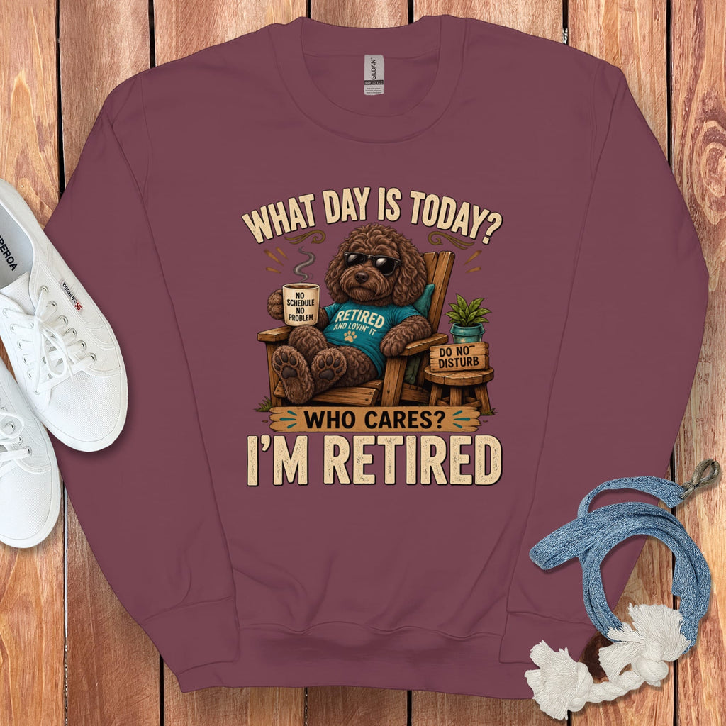 I'm Retired Chocolate Goldendoodle Sweatshirt in Maroon / S by Puppy Jo
