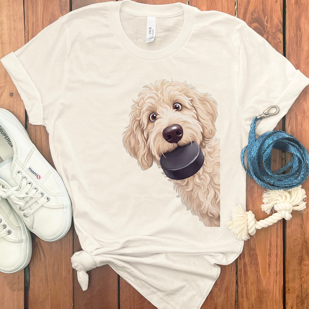 Cream Goldendoodle Hockey Puck T-Shirt in Natural / S by Puppy Jo