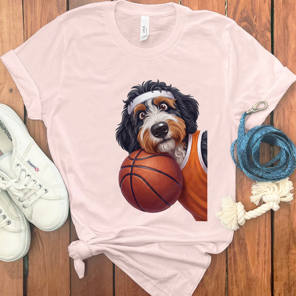 Bernedoodle Basketball Player T-Shirt in Soft Pink / S by Puppy Jo