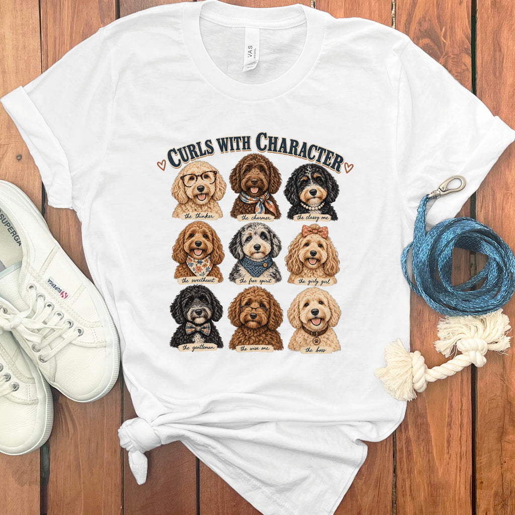 White t-shirt featuring nine cartoon dogs with captions and "Curls with Character" text.