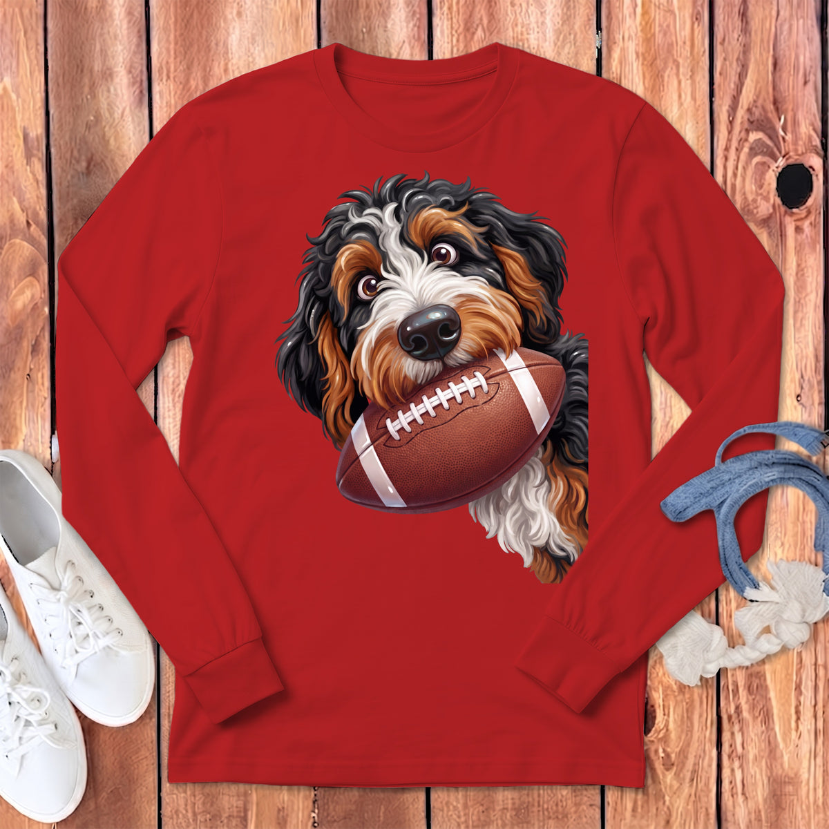Bernese Mountain Dog puppy holding a football on a red long-sleeve shirt.