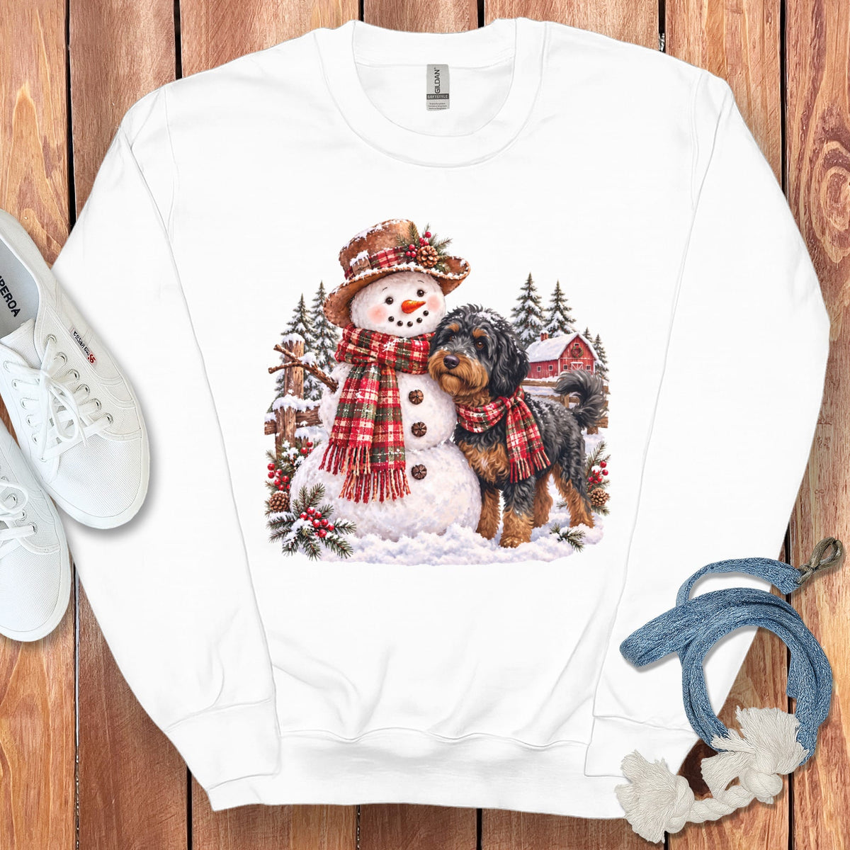 Phantom Goldendoodle Christmas Snowman Sweatshirt in White / S by Puppy Jo