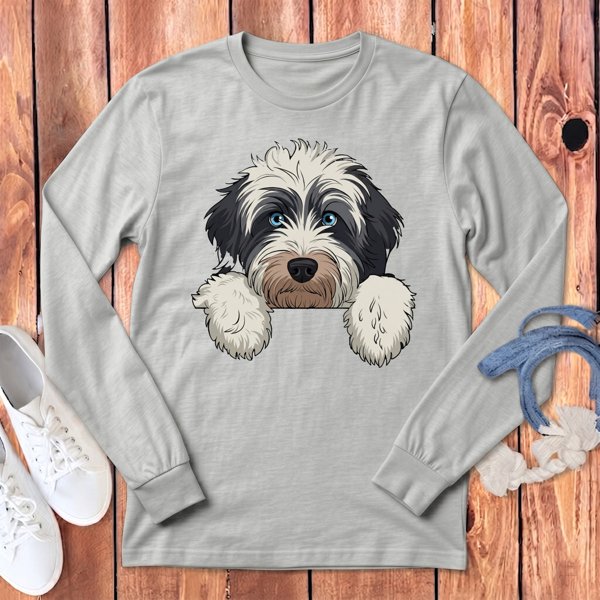 Light grey long sleeve shirt with cartoon black and white dog design.