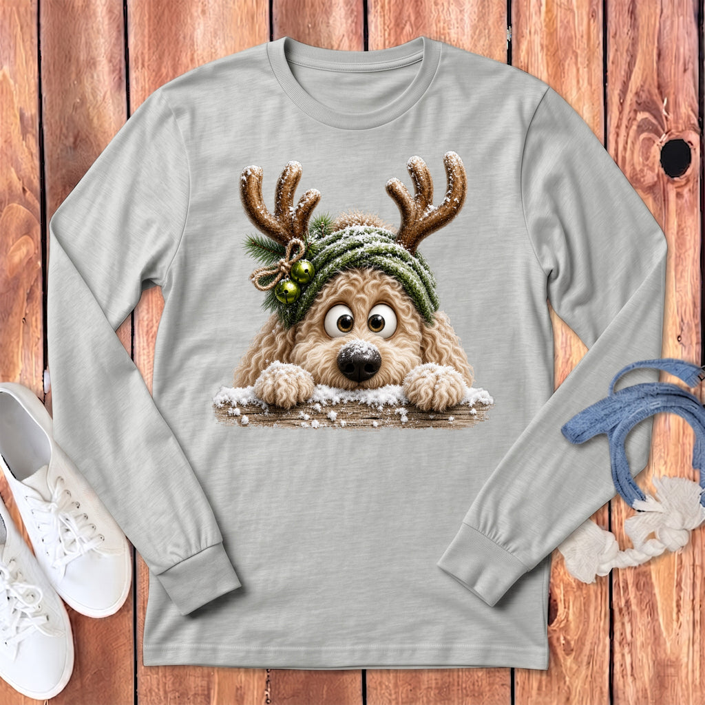 Long-sleeve gray t-shirt with a cute dog wearing reindeer antlers and a winter hat.