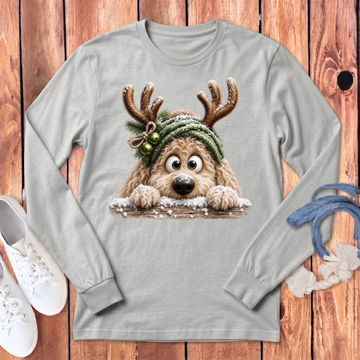 Long-sleeve gray t-shirt with a cute dog wearing reindeer antlers and a winter hat.