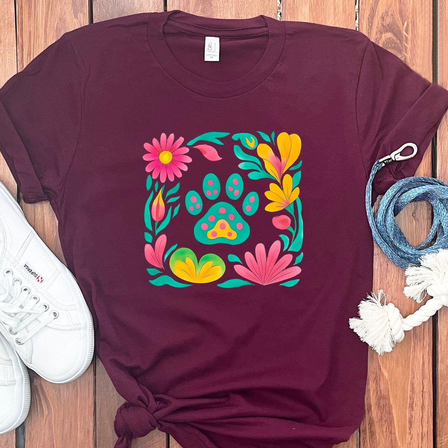 Floral and Paw Print Design Maroon T-shirt product type