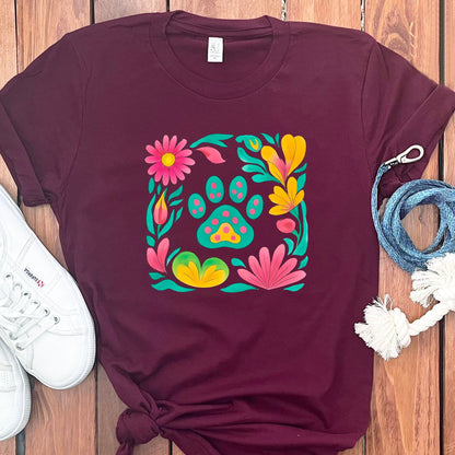 Floral and Paw Print Design Maroon T-shirt product type