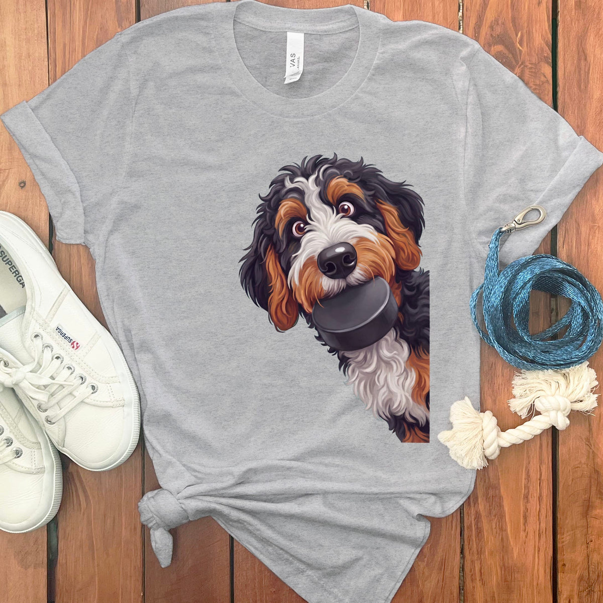 Bernedoodle Hockey Puck T-Shirt in Athletic Heather / S by Puppy Jo