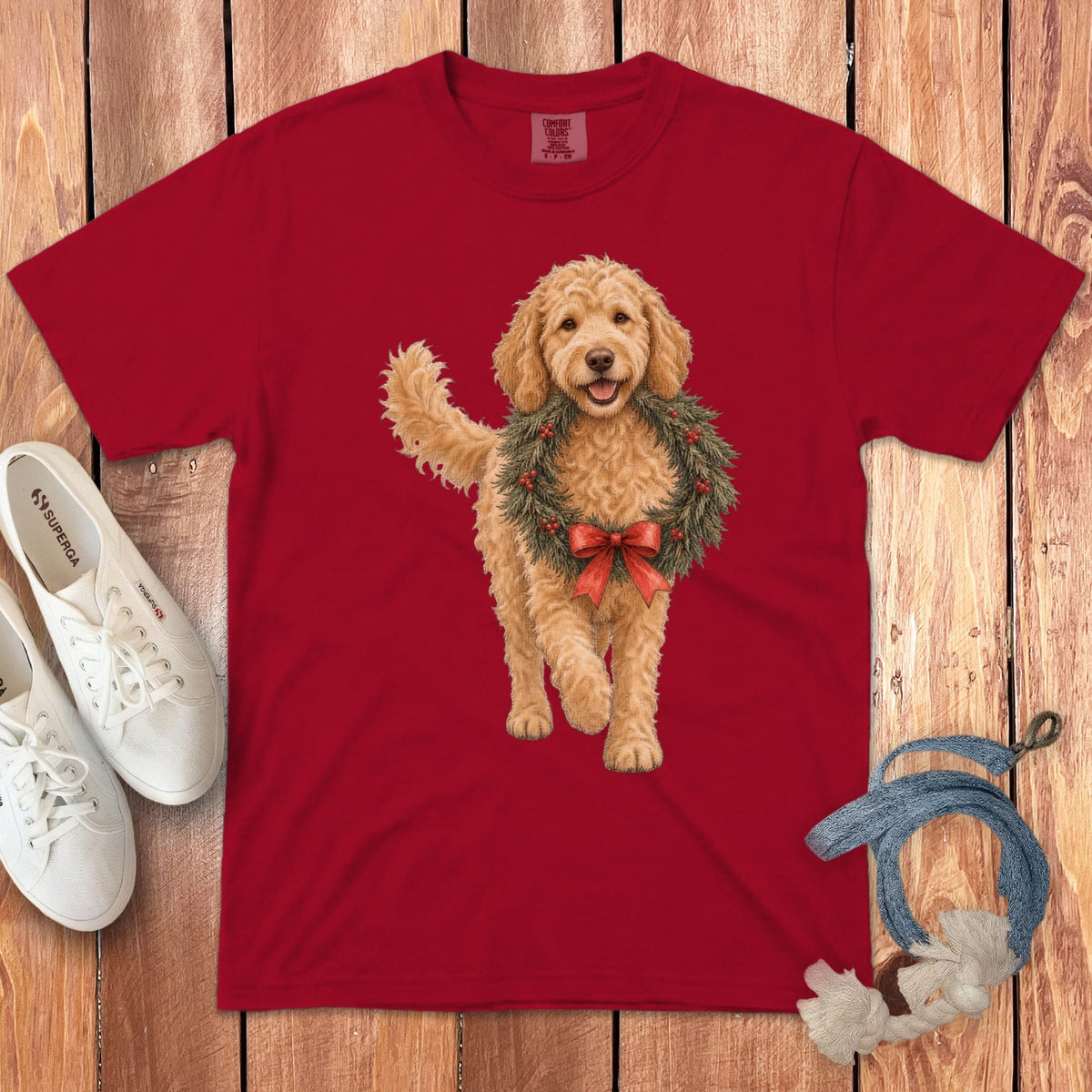 Golden Goldendoodle Wreath Signature T-Shirt in Red / S by Puppy Jo