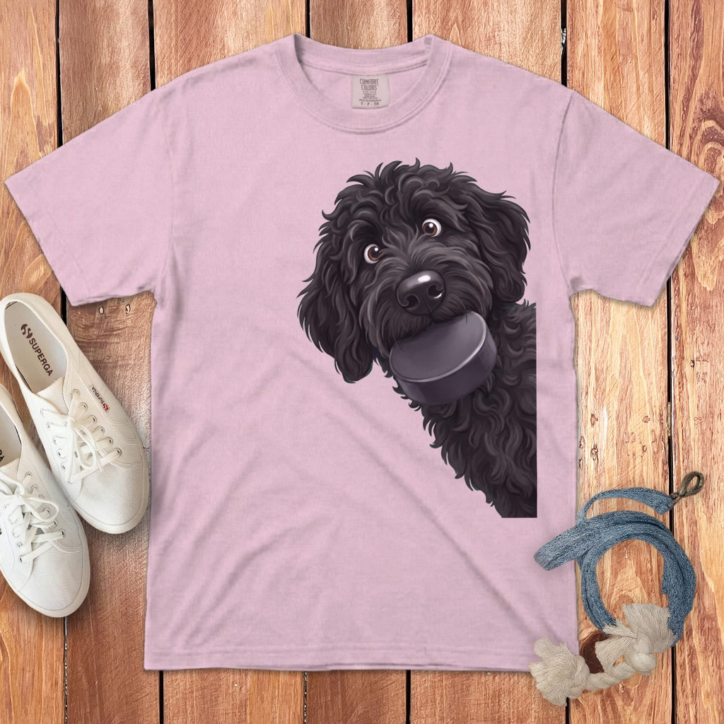 Black Goldendoodle Hockey Puck Signature T-Shirt in Blossom / S by Puppy Jo