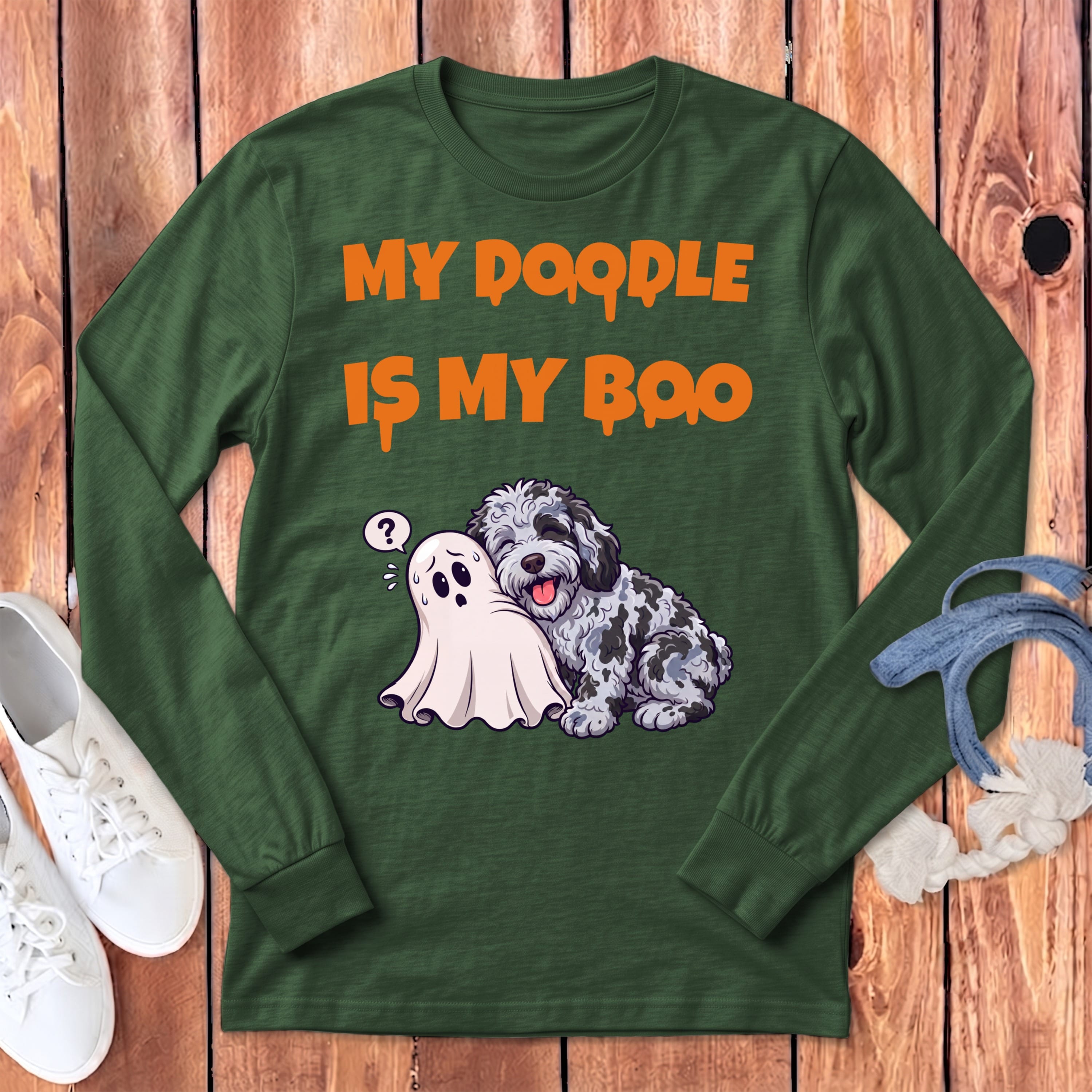 Merle Goldendoodle My Boo Long Sleeve T-Shirt in Heather Forest / S by Puppy Jo