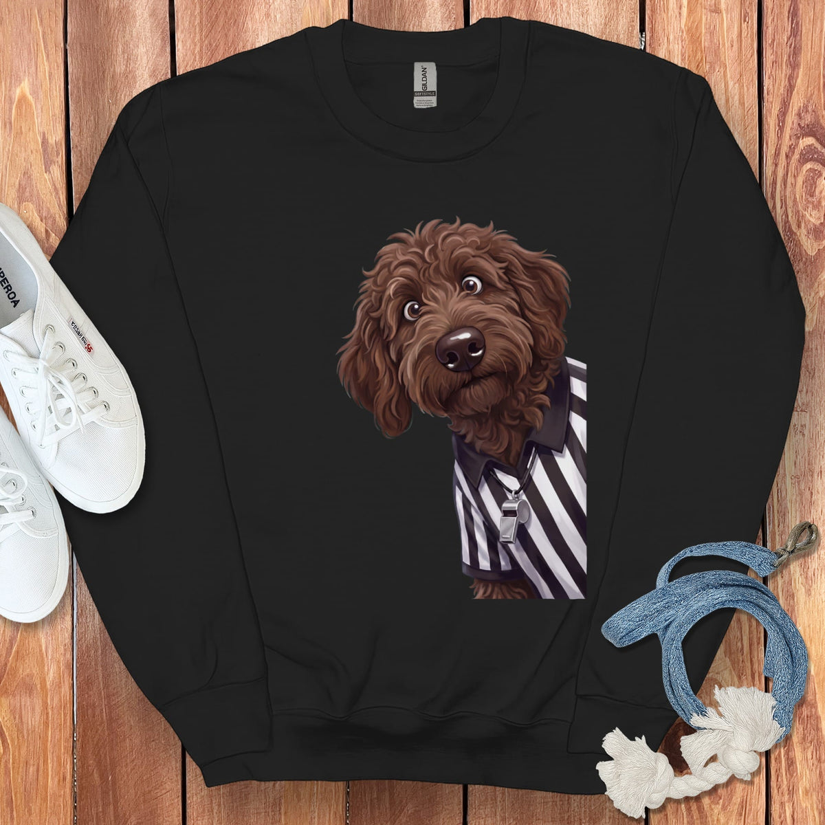 Chocolate Goldendoodle Football Referee Sweatshirt in Black / S by Puppy Jo