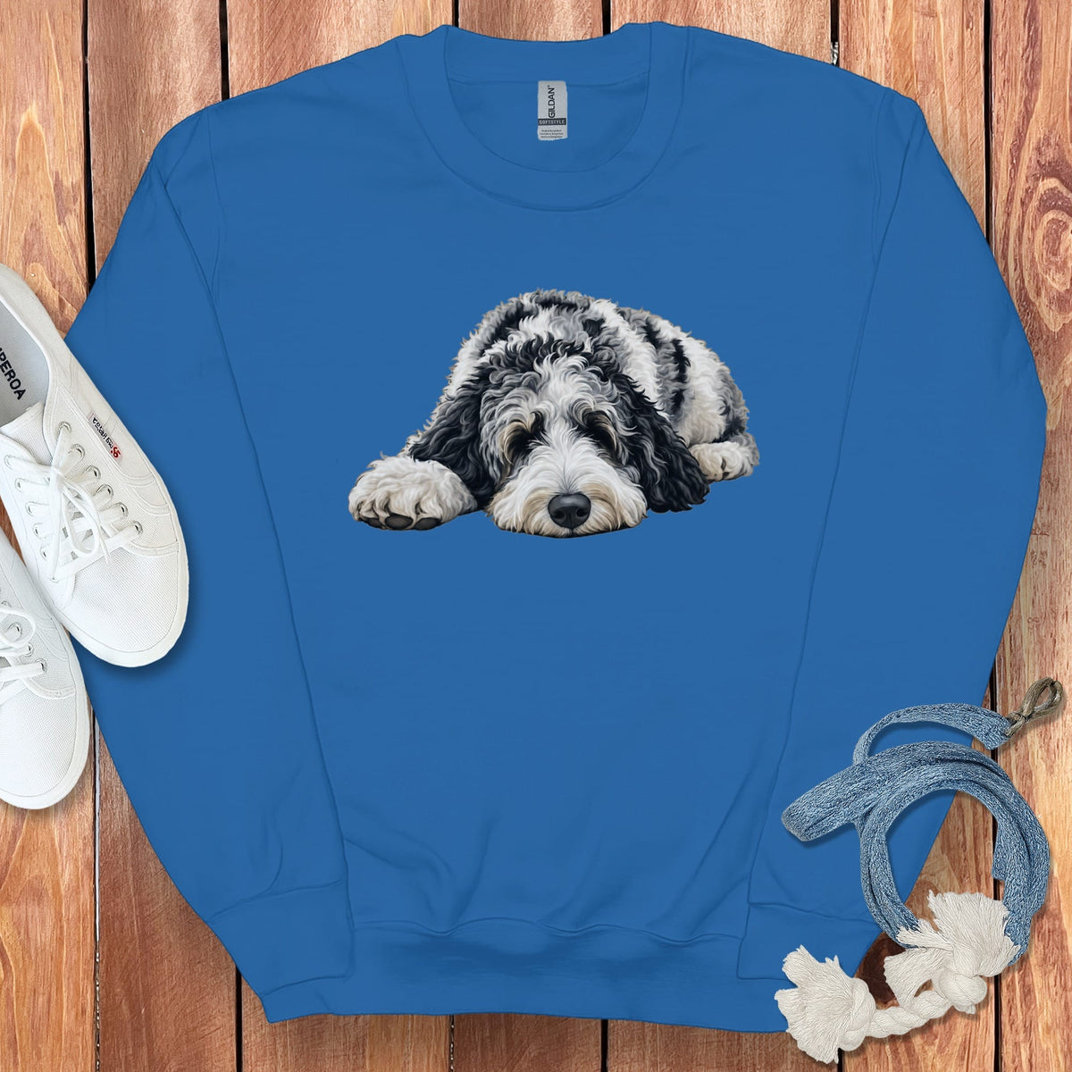 Merle Goldendoodle Snoozing Sweatshirt in Royal / S by Puppy Jo