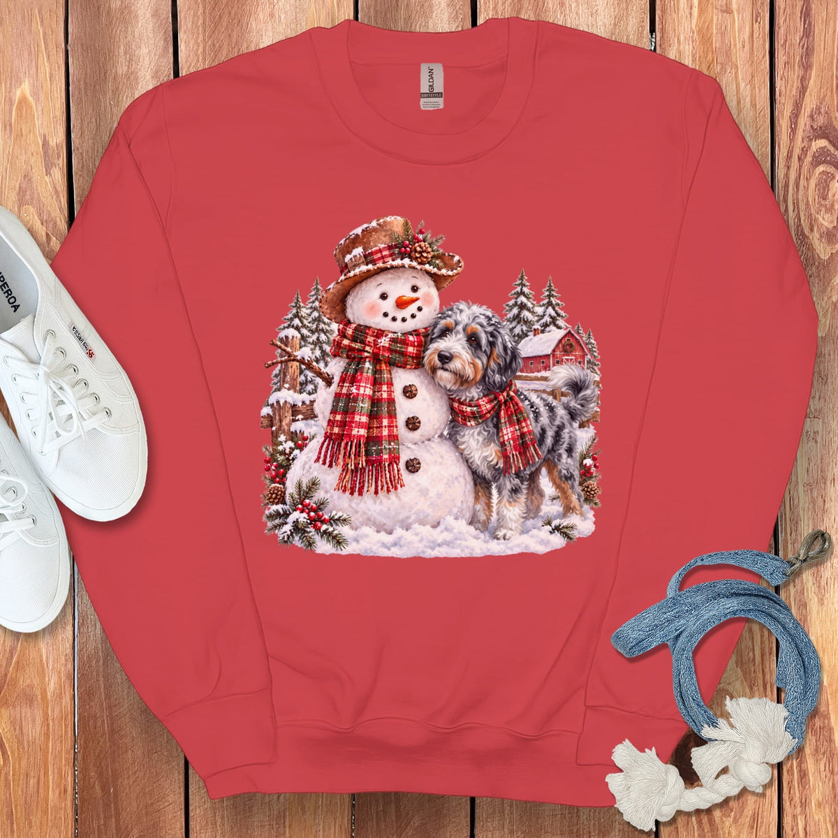 Aussiedoodle Christmas Snowman Sweatshirt in Red / S by Puppy Jo