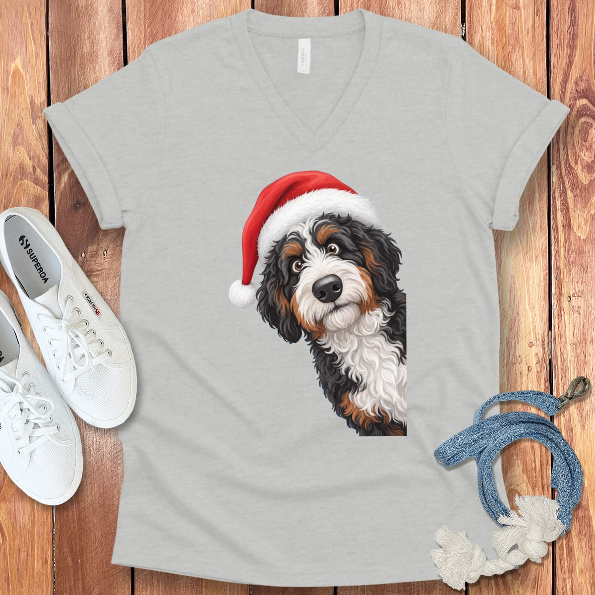 Bernedoodle Holiday Santa V-Neck T-Shirt in Athletic Heather / S by Puppy Jo