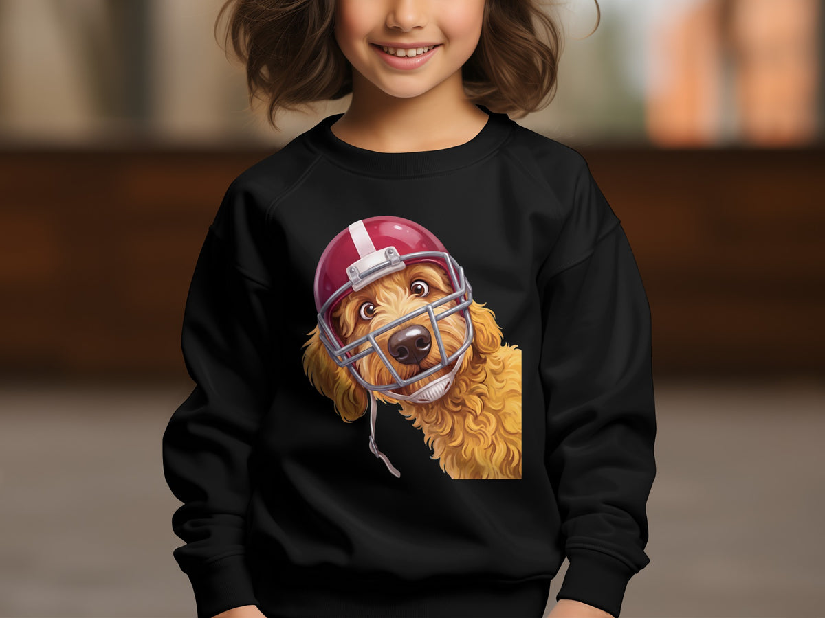 Black sweatshirt with a fluffy dog wearing a red football helmet graphic.