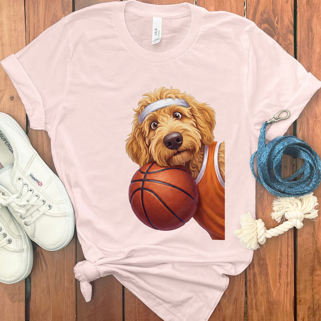 Golden Goldendoodle Basketball Player T-Shirt in Soft Pink / S by Puppy Jo