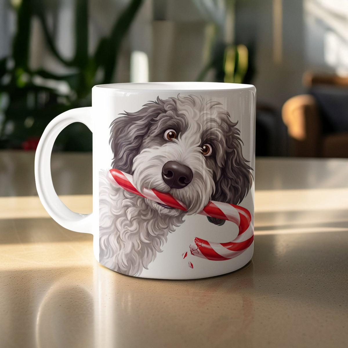 Sheepadoodle Candy Cane Thief Mug in by Puppy Jo