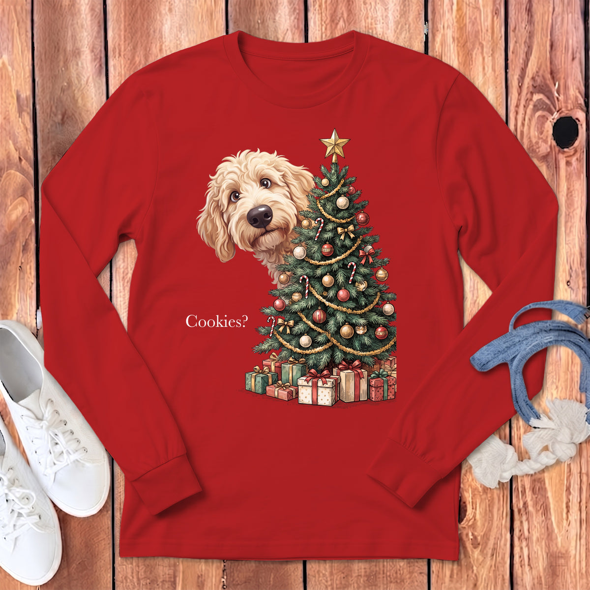 Goldendoodle dog peeking near a decorated Christmas tree and presents with text.