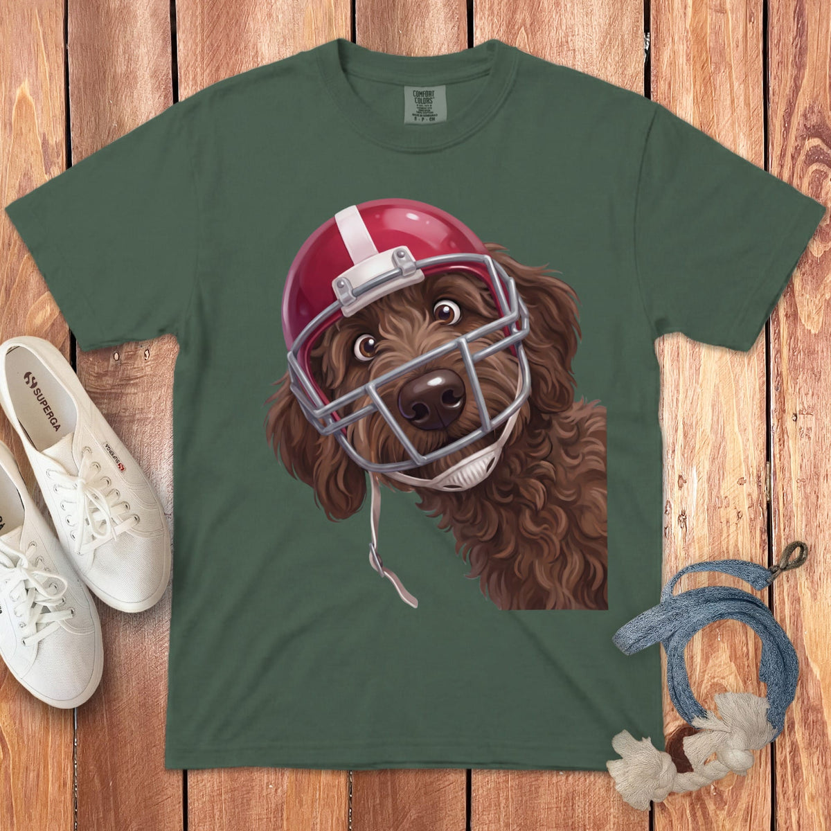 Chocolate Goldendoodle Football Helmet Signature T-Shirt in Blue Spruce / S by Puppy Jo