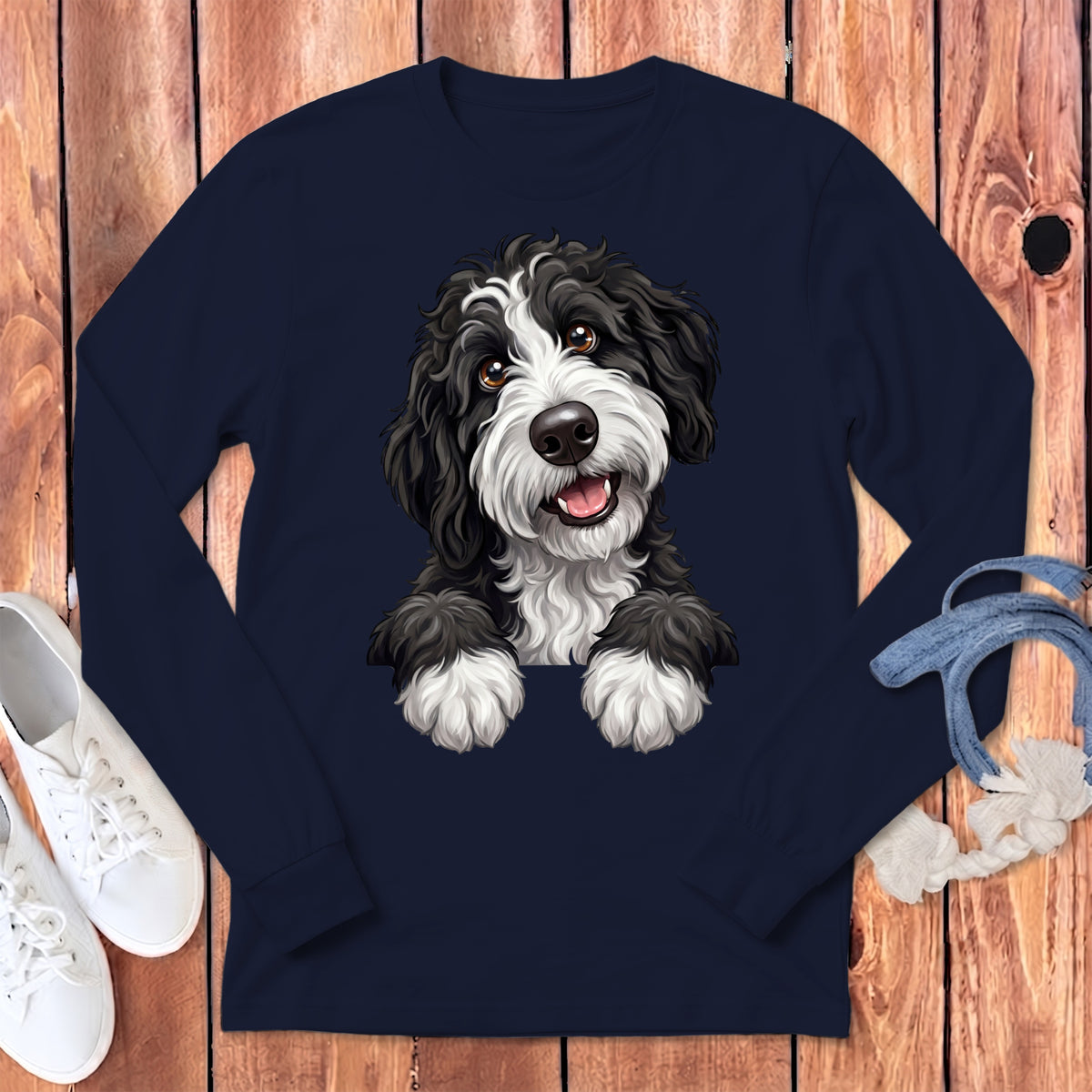 Illustration of a black and white Portuguese Water Dog with paws over a dark blue shirt.