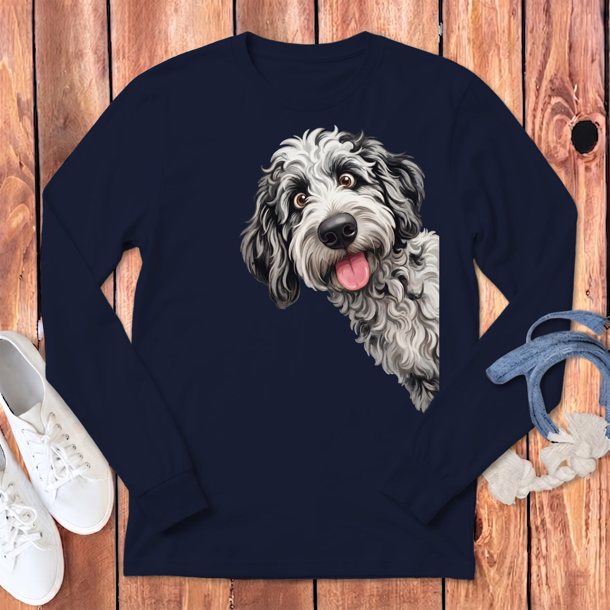 Black and white doodle dog peeking from behind navy long-sleeve shirt.