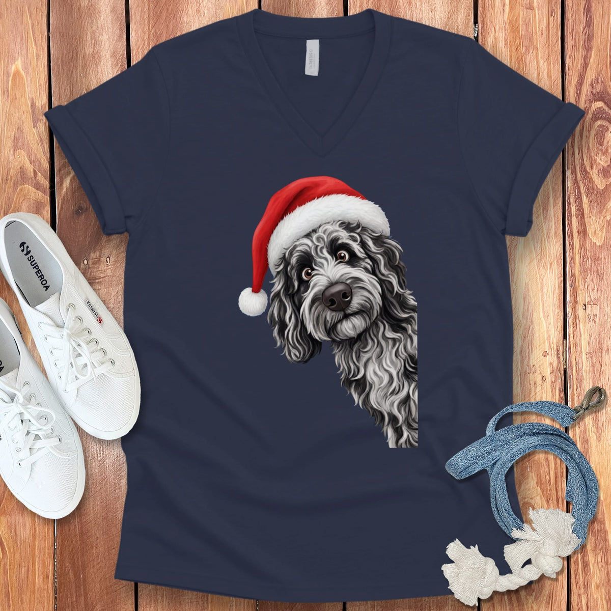 Merle Goldendoodle Holiday Santa V-Neck T-Shirt in Navy / S by Puppy Jo