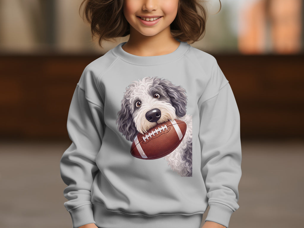 Gray sweatshirt with a cartoon dog holding a football on the front.