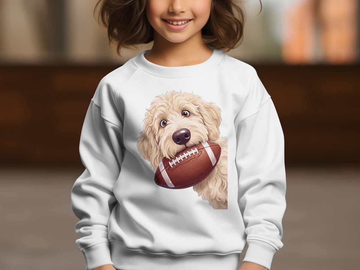 White sweatshirt with a fluffy dog holding a football illustration.