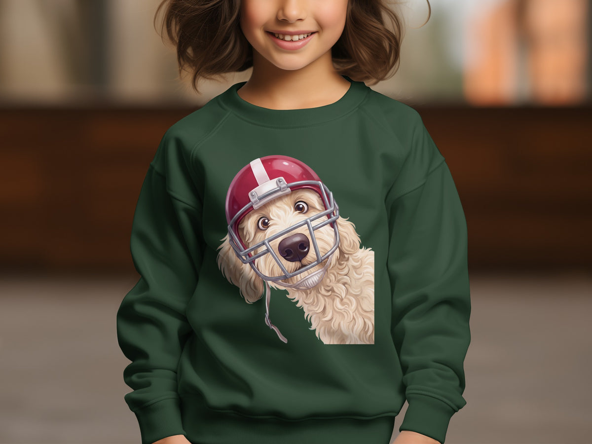 Green sweatshirt with a cream-colored dog wearing a football helmet graphic.