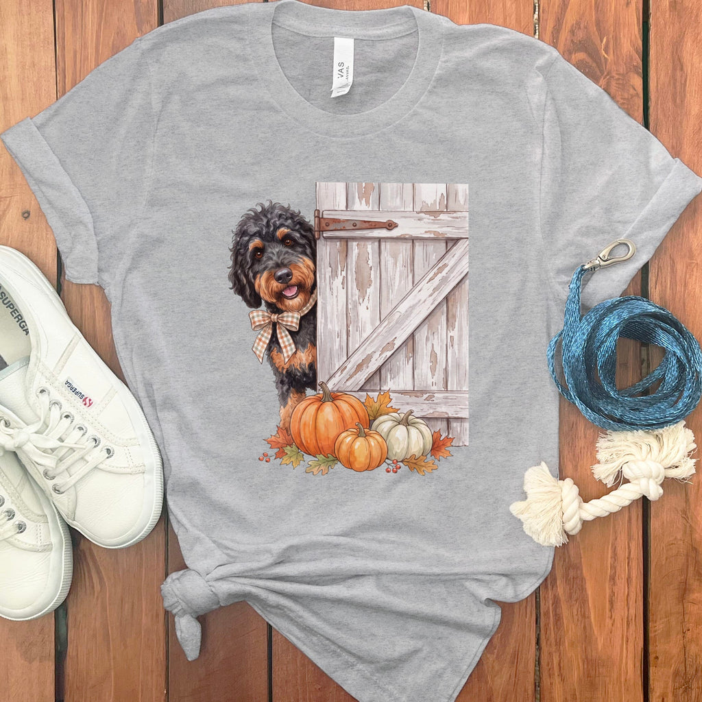 Phantom Goldendoodle Barn Peeking T-Shirt in Athletic Heather / S by Puppy Jo