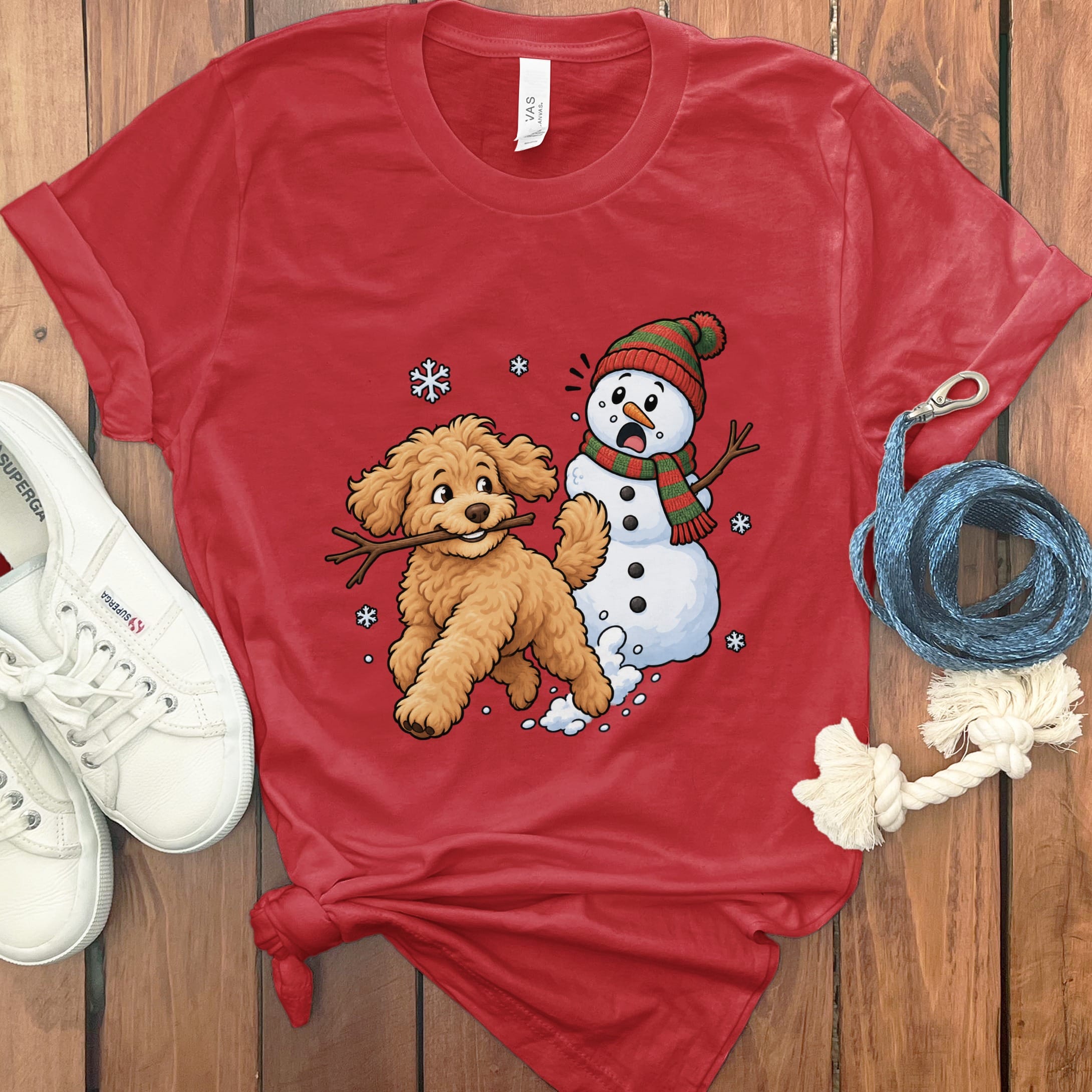 Golden Goldendoodle Snowman T-Shirt in Red / S by Puppy Jo