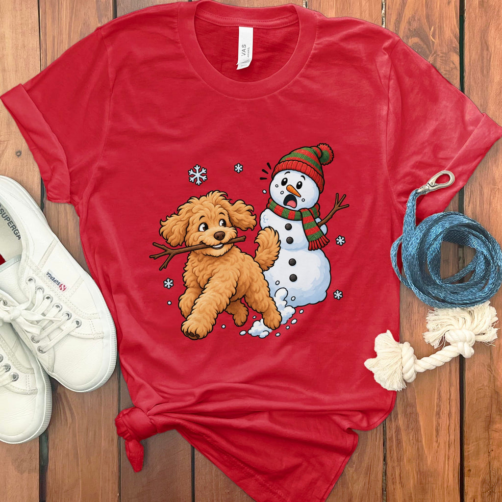 Golden Goldendoodle Snowman T-Shirt in Red / S by Puppy Jo