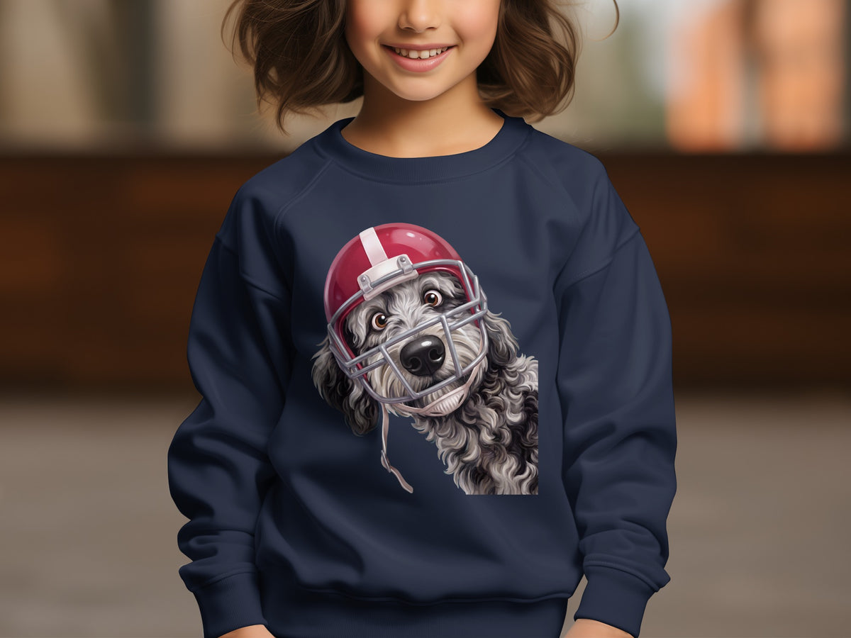 Dark blue sweatshirt with a print of a fluffy dog wearing a red football helmet.