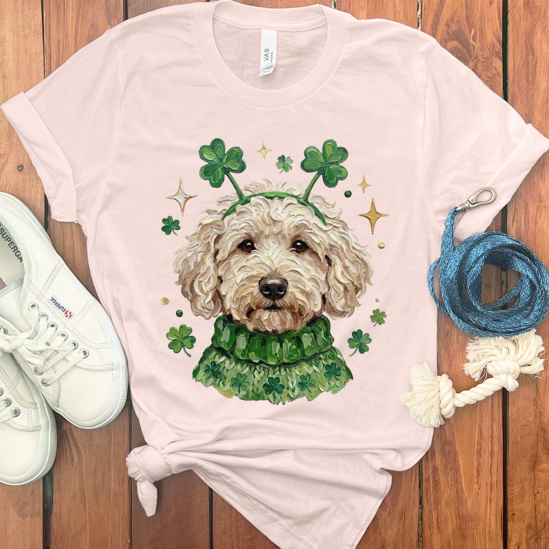 Cute Dog with Clover Antenna on Pink Shirt Product