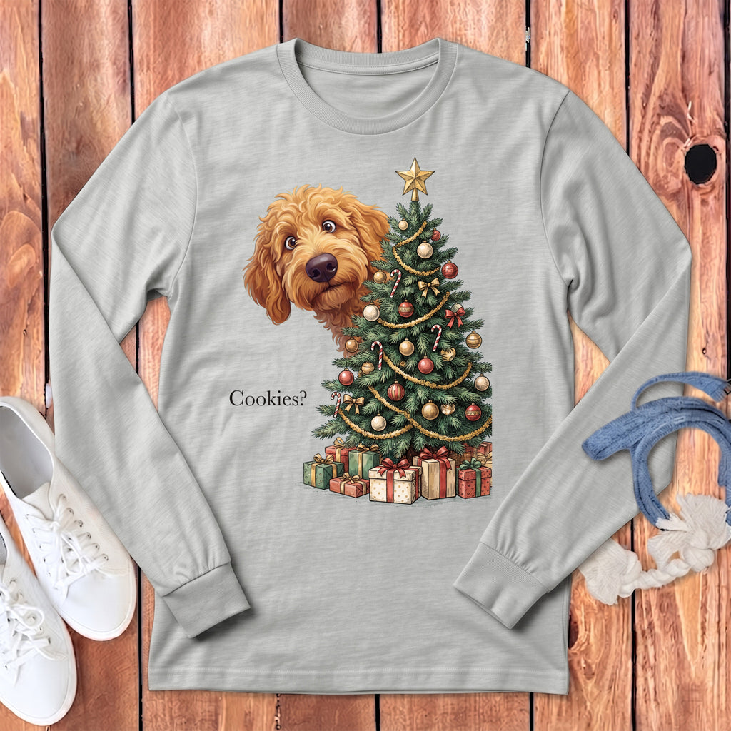 Light gray long sleeve shirt with a doodle dog peeking behind a Christmas tree.