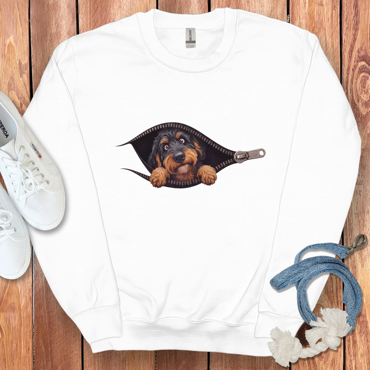 Phantom Goldendoodle Peeking Zipper Sweatshirt in White / S by Puppy Jo