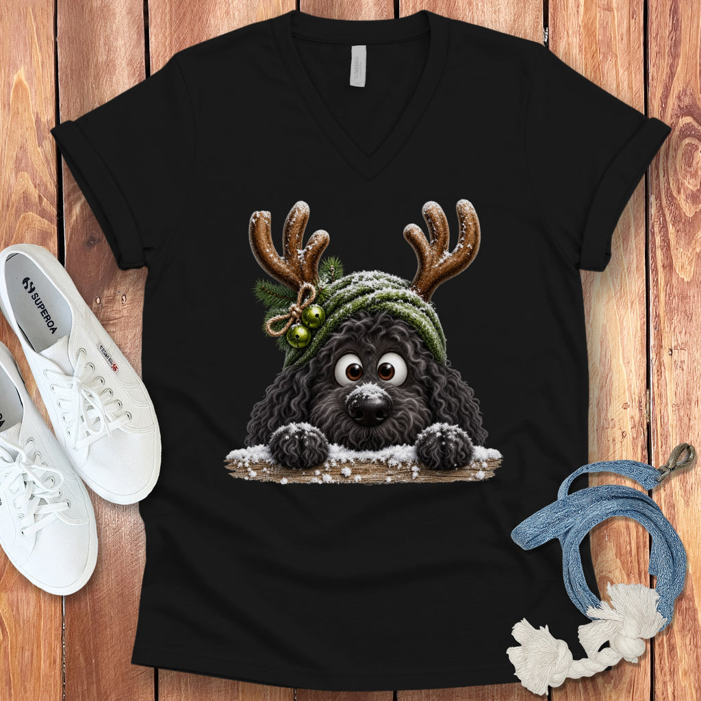 Black t-shirt with a cartoon black dog wearing reindeer antlers and a green hat.