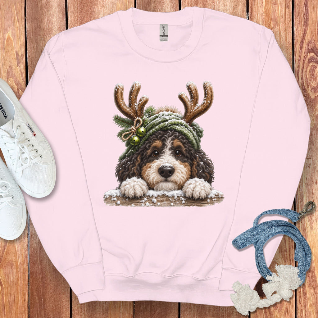 Pink sweatshirt with a Bernese Mountain Dog wearing antlers and a green hat with bells.