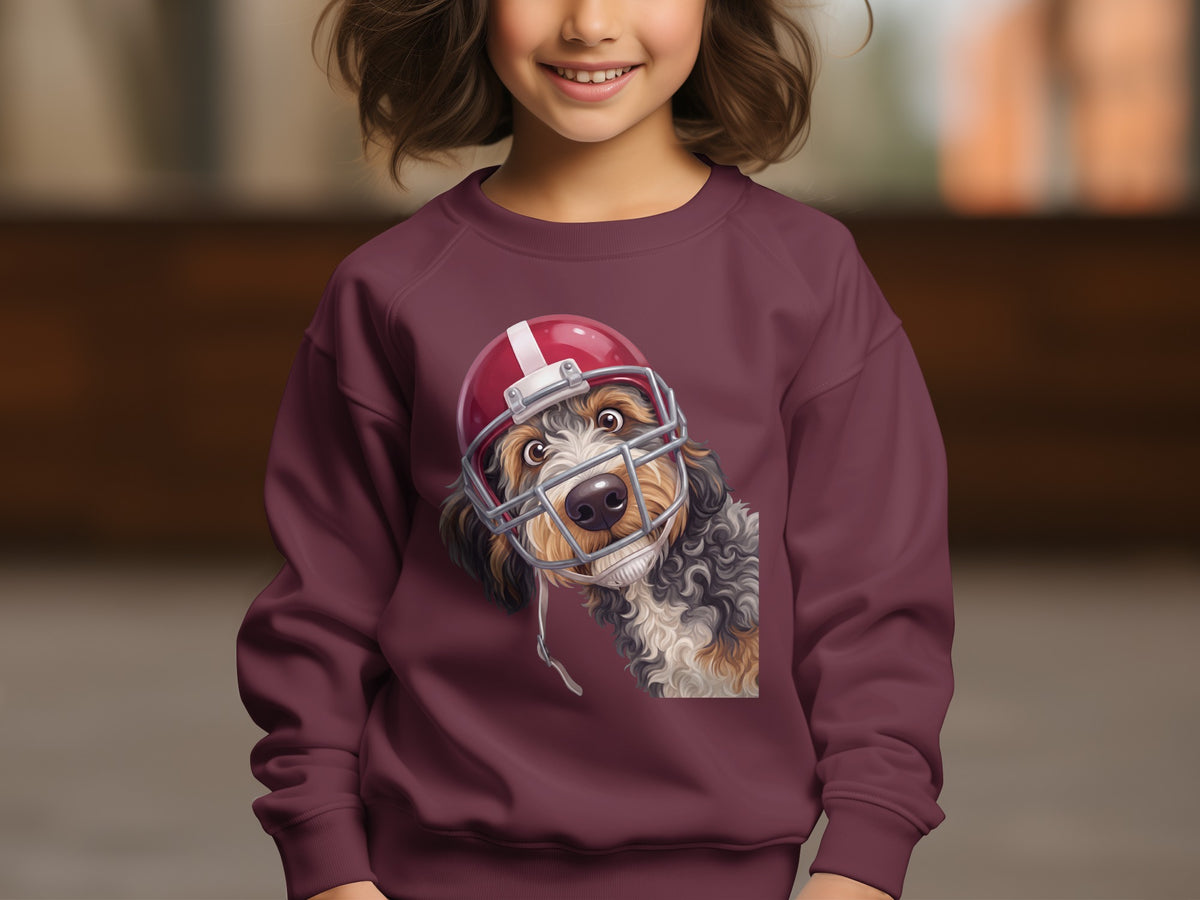 Burgundy sweatshirt with a dog wearing a football helmet graphic.