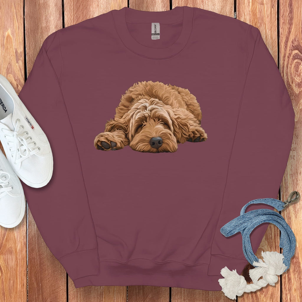 Apricot Goldendoodle Snoozing Sweatshirt in Maroon / S by Puppy Jo