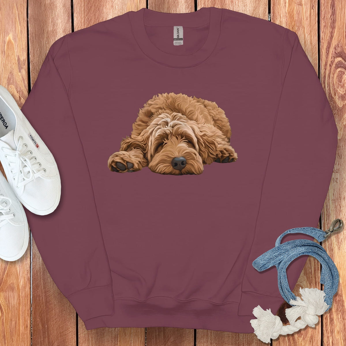 Apricot Goldendoodle Snoozing Sweatshirt in Maroon / S by Puppy Jo