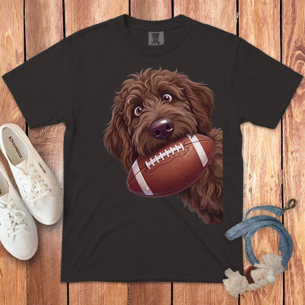 Chocolate Goldendoodle Football Signature T-Shirt in Graphite / S by Puppy Jo