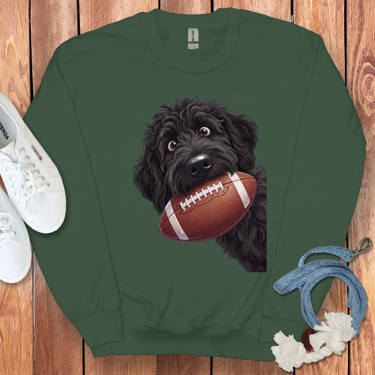Black Goldendoodle Football Sweatshirt in Forest Green / S by Puppy Jo