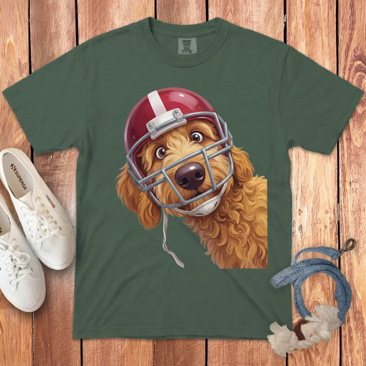 Apricot Goldendoodle Football Helmet Signature T-Shirt in Blue Spruce / S by Puppy Jo