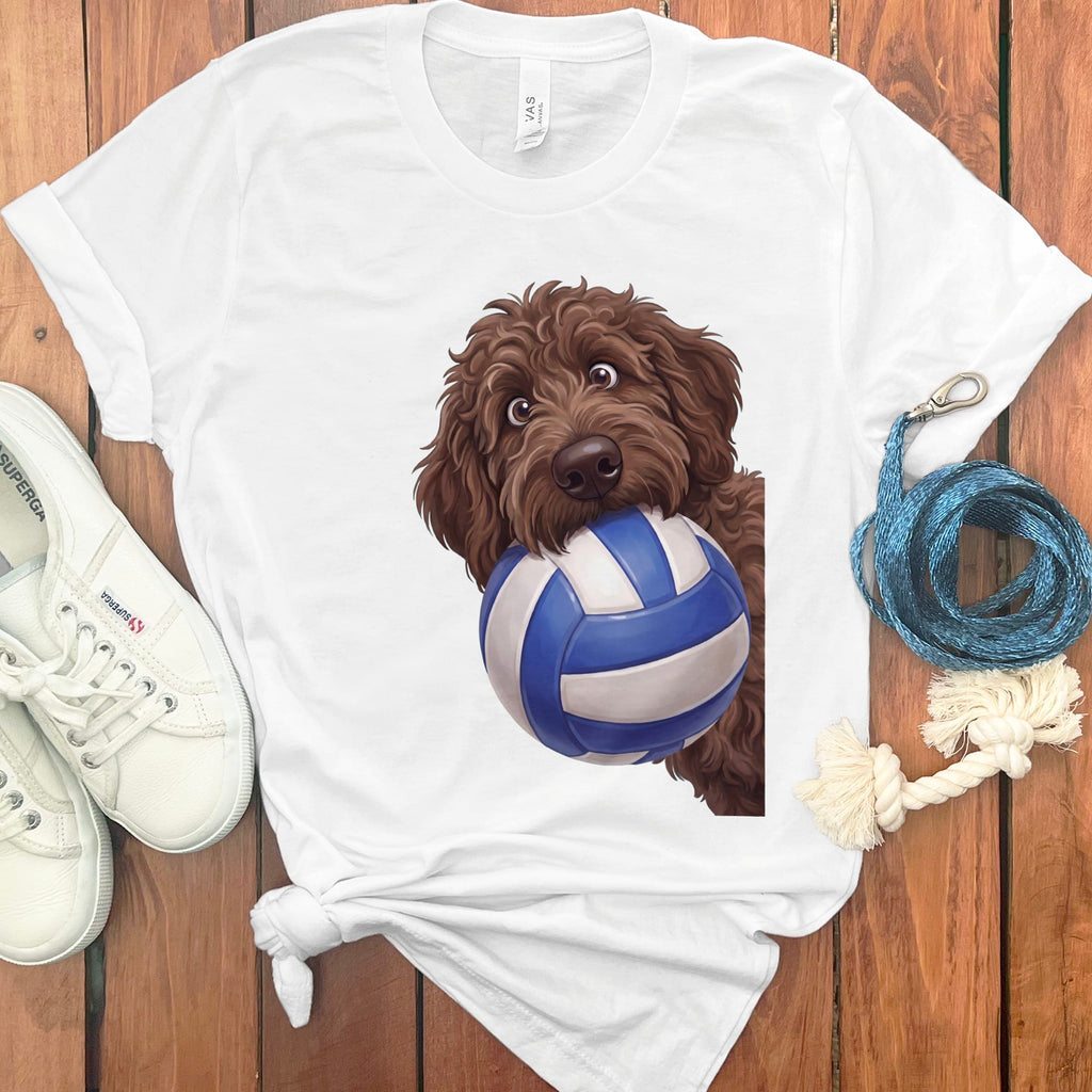 Chocolate Goldendoodle Volleyball T-Shirt in White / S by Puppy Jo