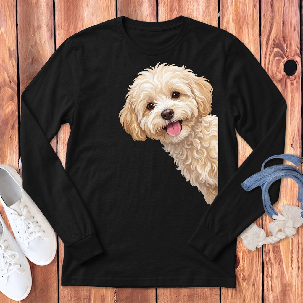 Black long-sleeve shirt with a cream-colored dog peeking from the side.