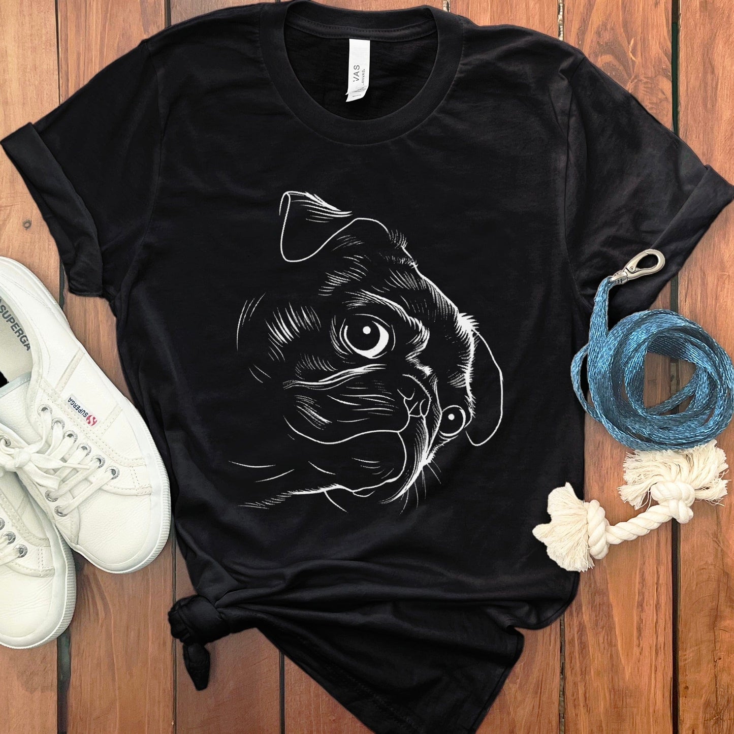 Black T-Shirt with Pug Illustration Graphic product type
